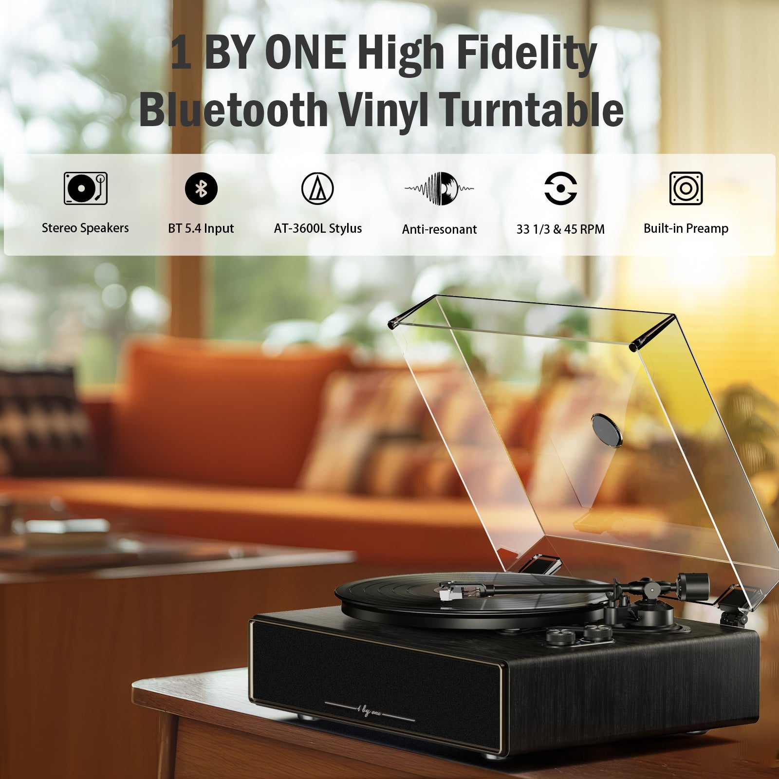 Hi-Fi All-in-One Vinyl Turntable, Black | 1byone Audio