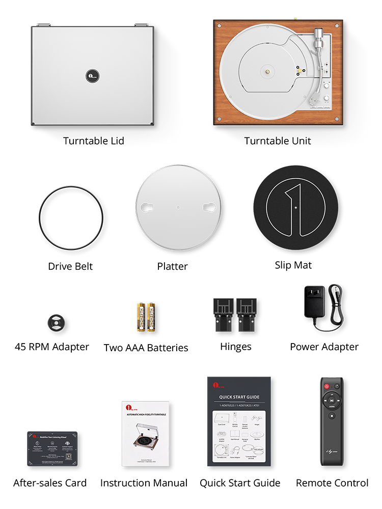 Complete automatic turntable package contents: includes the turntable unit, dust cover lid, slip mat, drive belt, remote control.