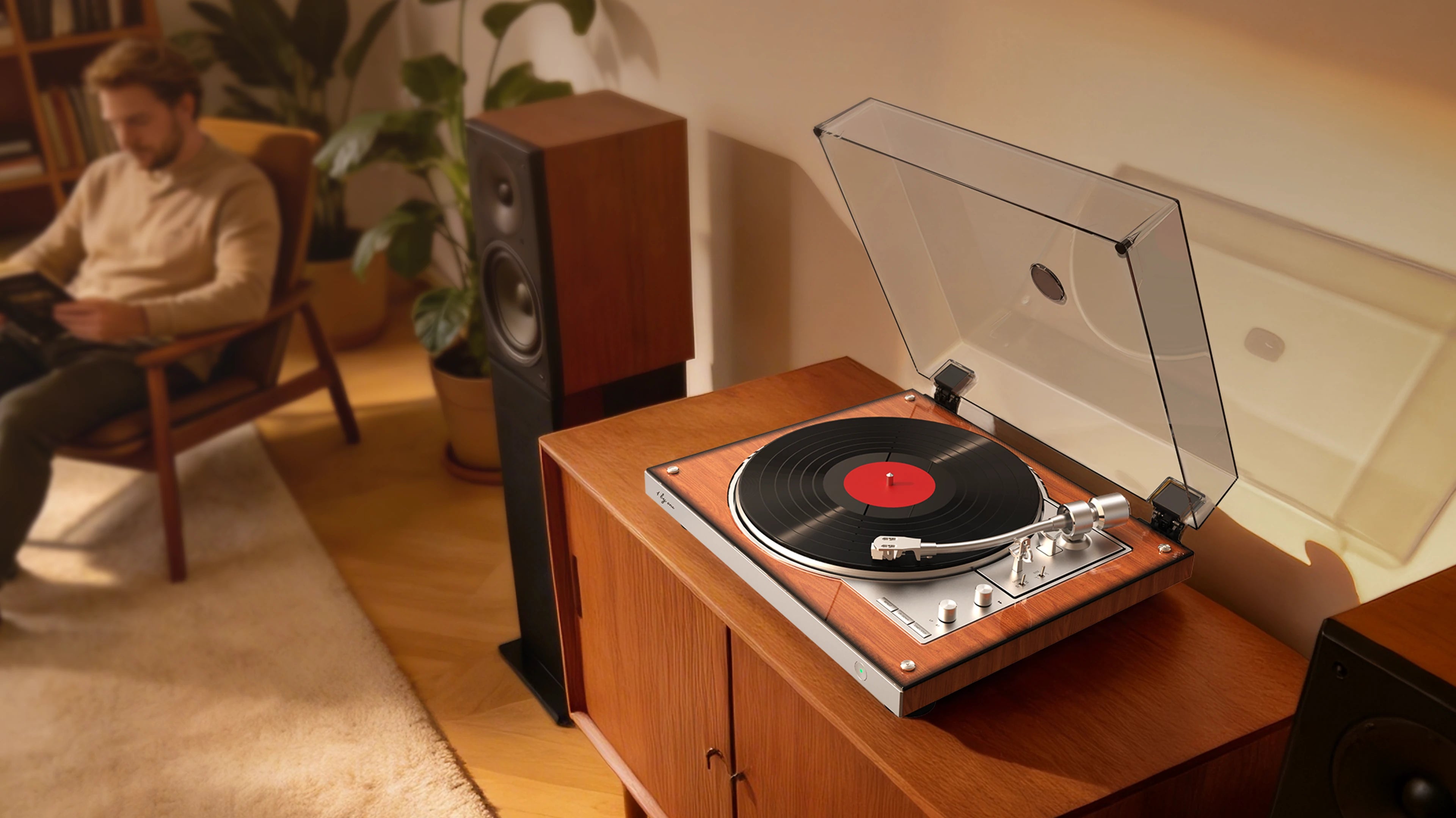 A premium retro wood turntable is placed on a cabinet in the living room, with a man sitting beside it to enjoy a high-fidelity experience.