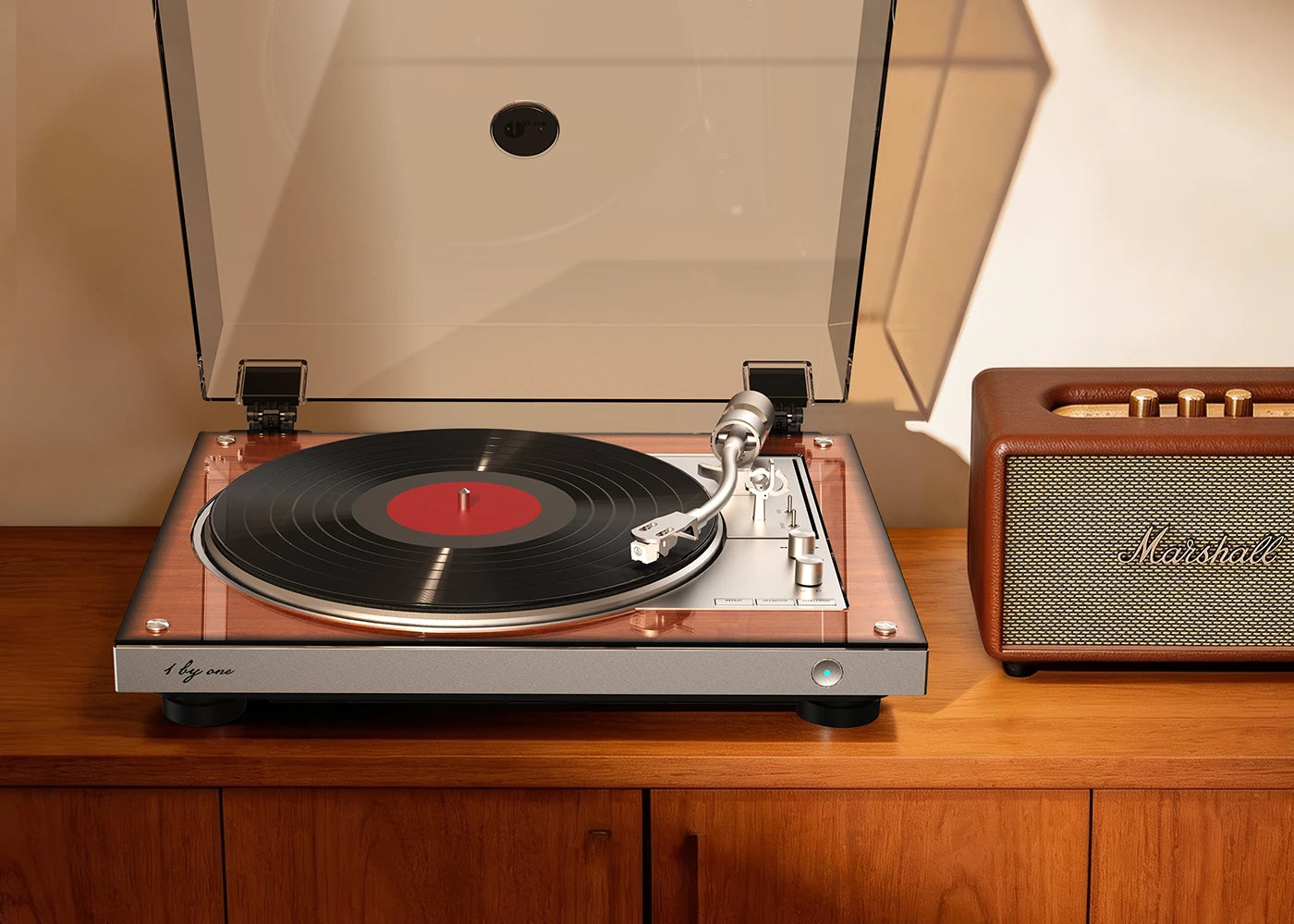 A sleek Bluetooth turntable pairs seamlessly with powered speakers for turntable on a stylish wooden cabinet.
