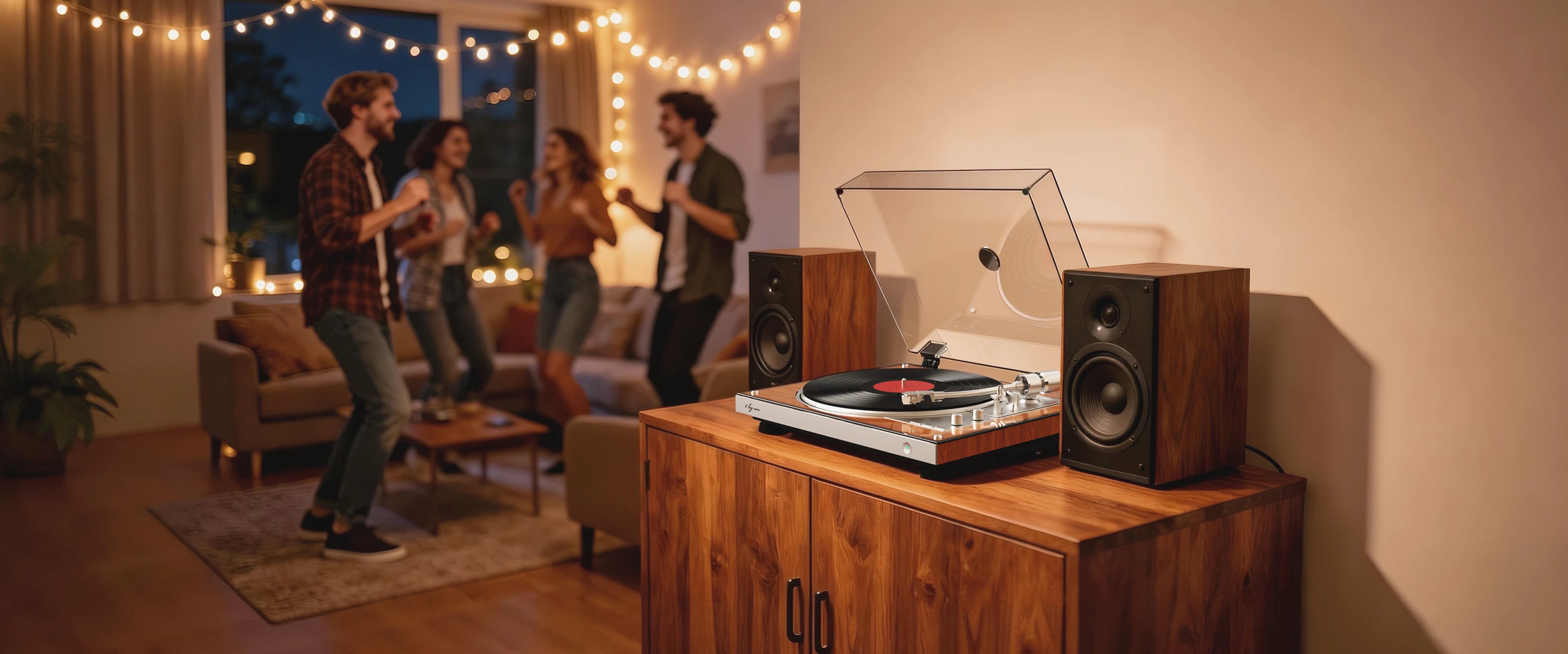 A premium turntable with speakers fuels a warm party, spinning vinyl as friends dance around the vintage turntable.