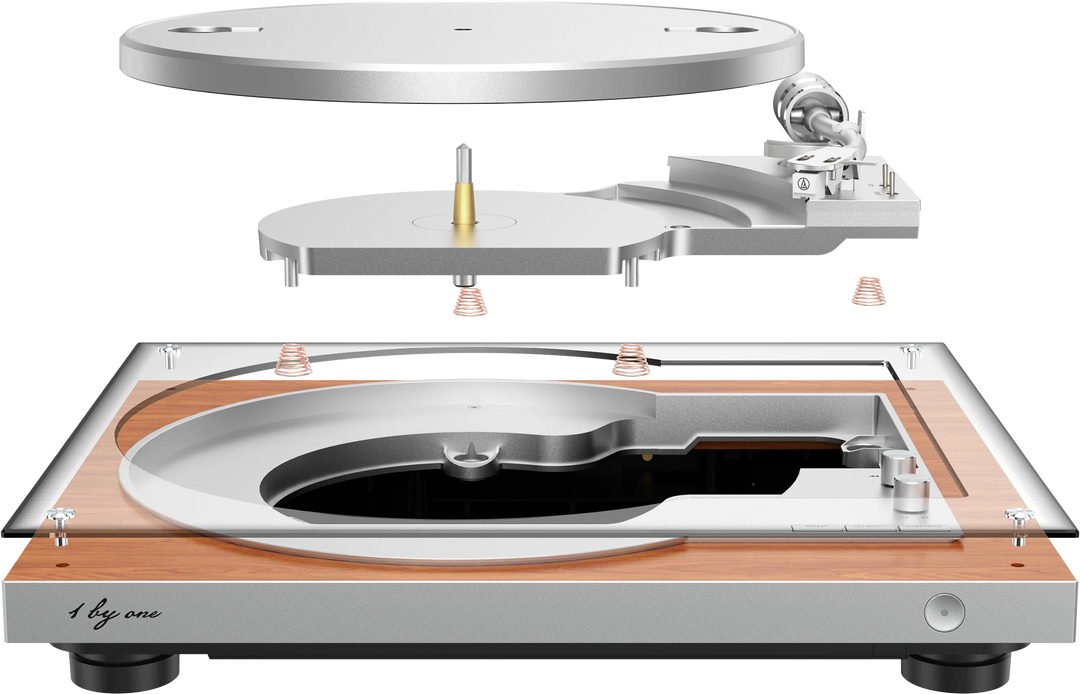 Exploded view of a fully automatic turntable showing dual isolation, S-shape tonearm, and a phono cartridge.