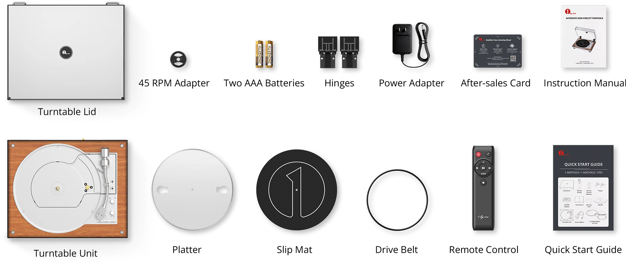 Complete automatic turntable package contents: includes the turntable unit, dust cover lid, slip mat, drive belt, remote control.
