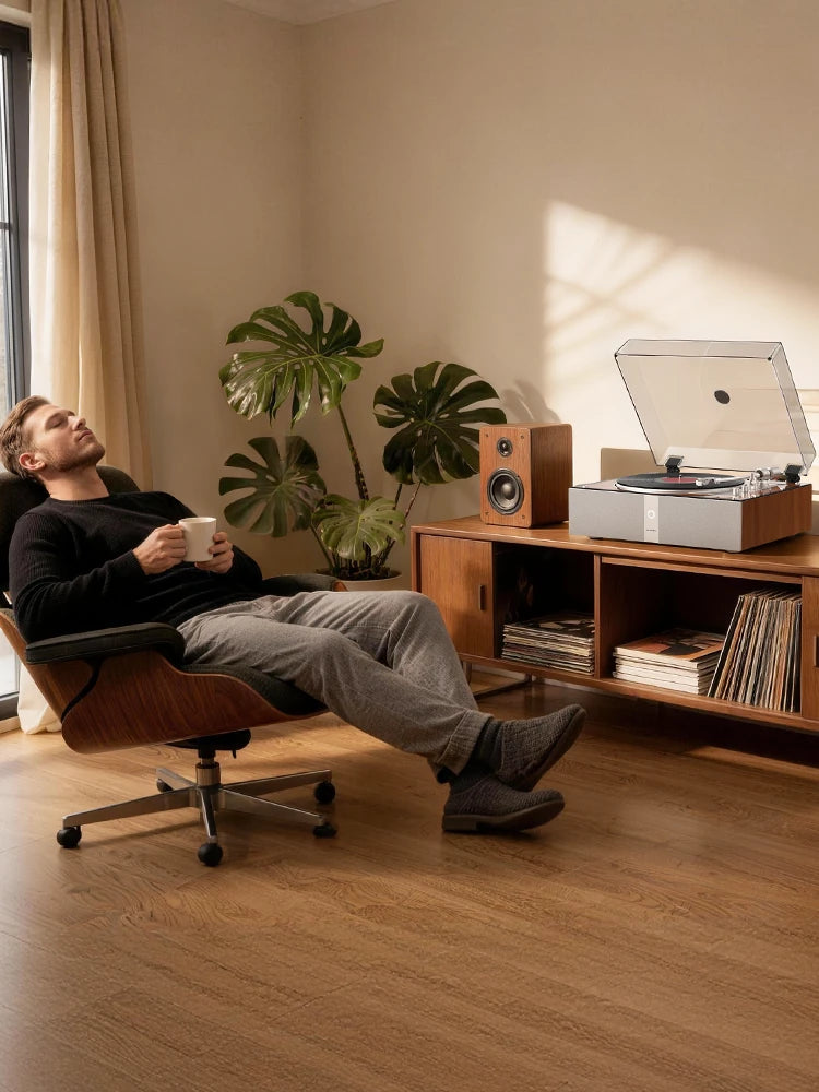  Bluetooth record player with built-in preamp connecting to external powered speakers for record player via RCA output.