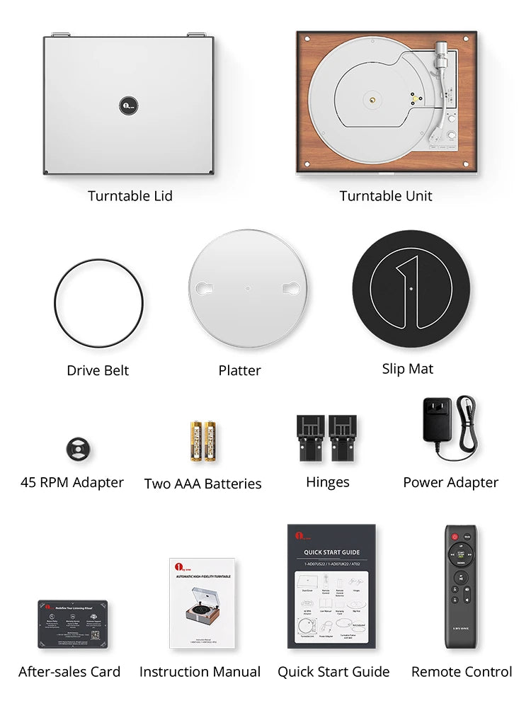 Complete all-in-one record player package contents: includes the turntable unit, dust cover lid, slip mat, drive belt, remote control, and phono cartridge accessories.