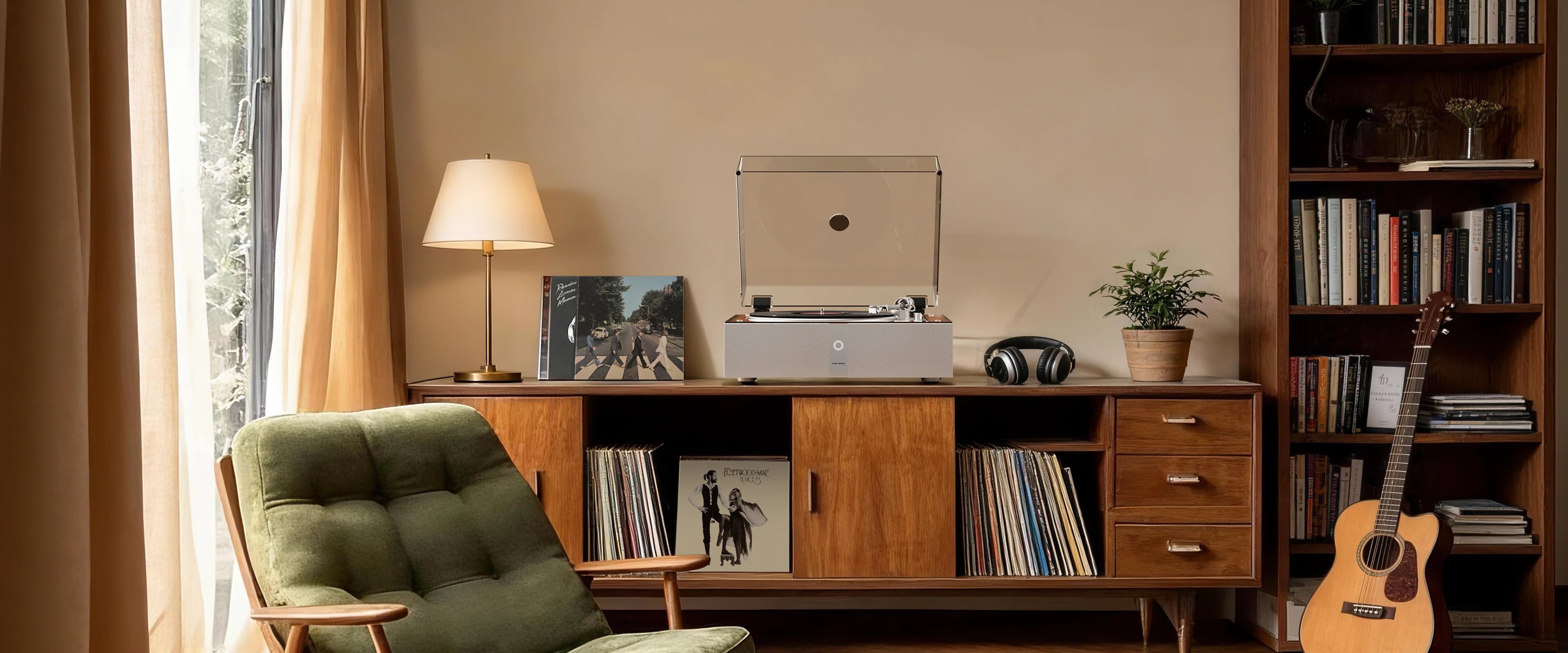  Retro record player integrated into modern home decor on a wood console.