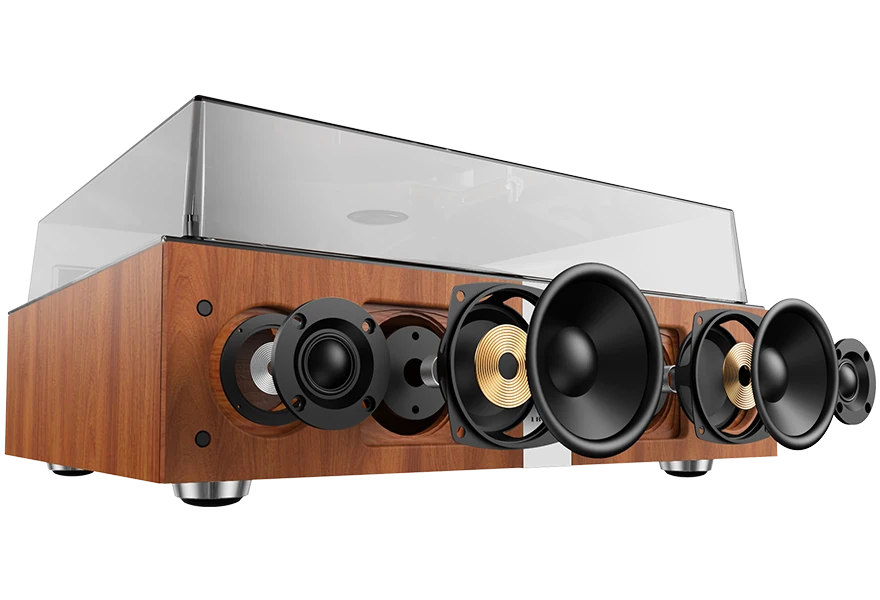 Internal view of record player with speakers showing woofer and tweeter drivers.