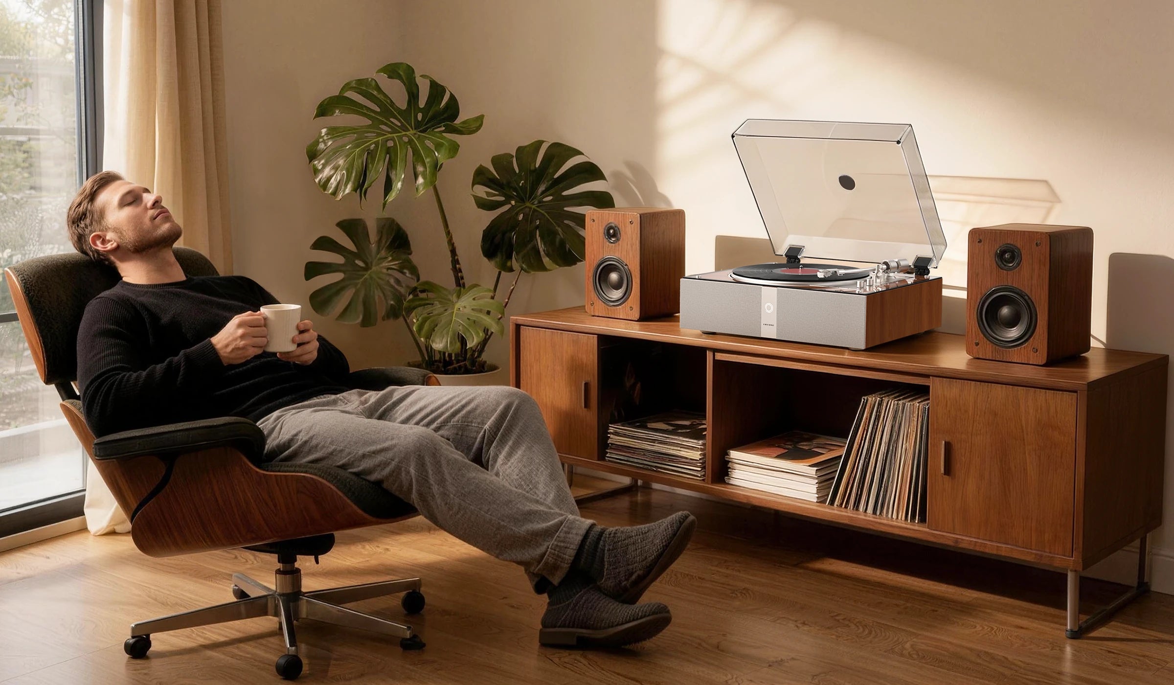  Bluetooth record player with built-in preamp connecting to external powered speakers for record player via RCA output.