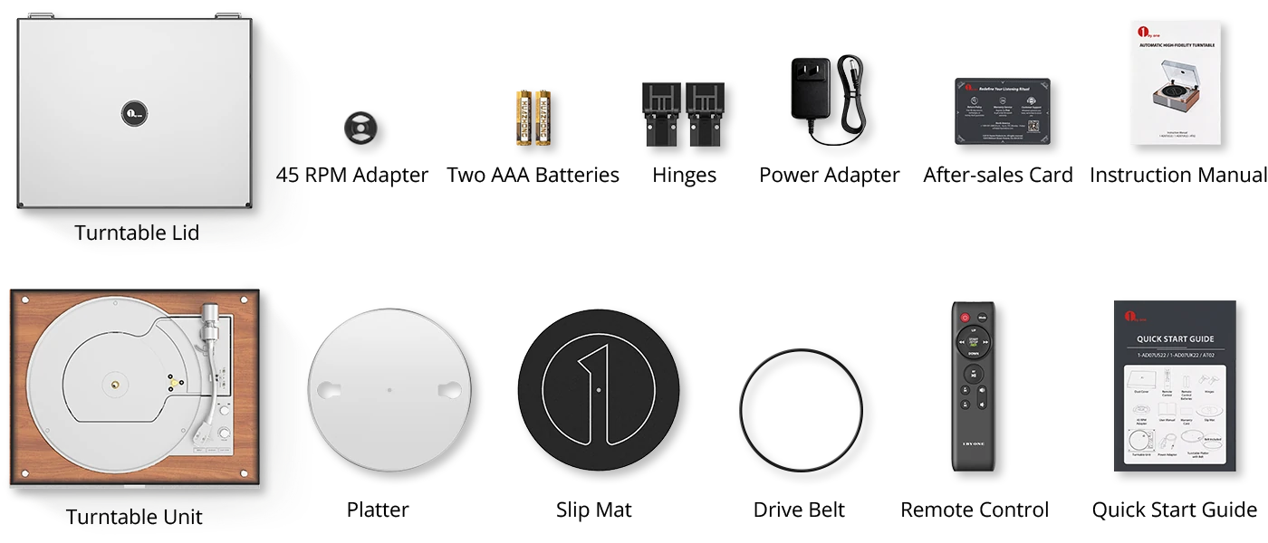  Complete all-in-one record player package contents: includes the turntable unit, dust cover lid, slip mat, drive belt, remote control, and phono cartridge accessories.