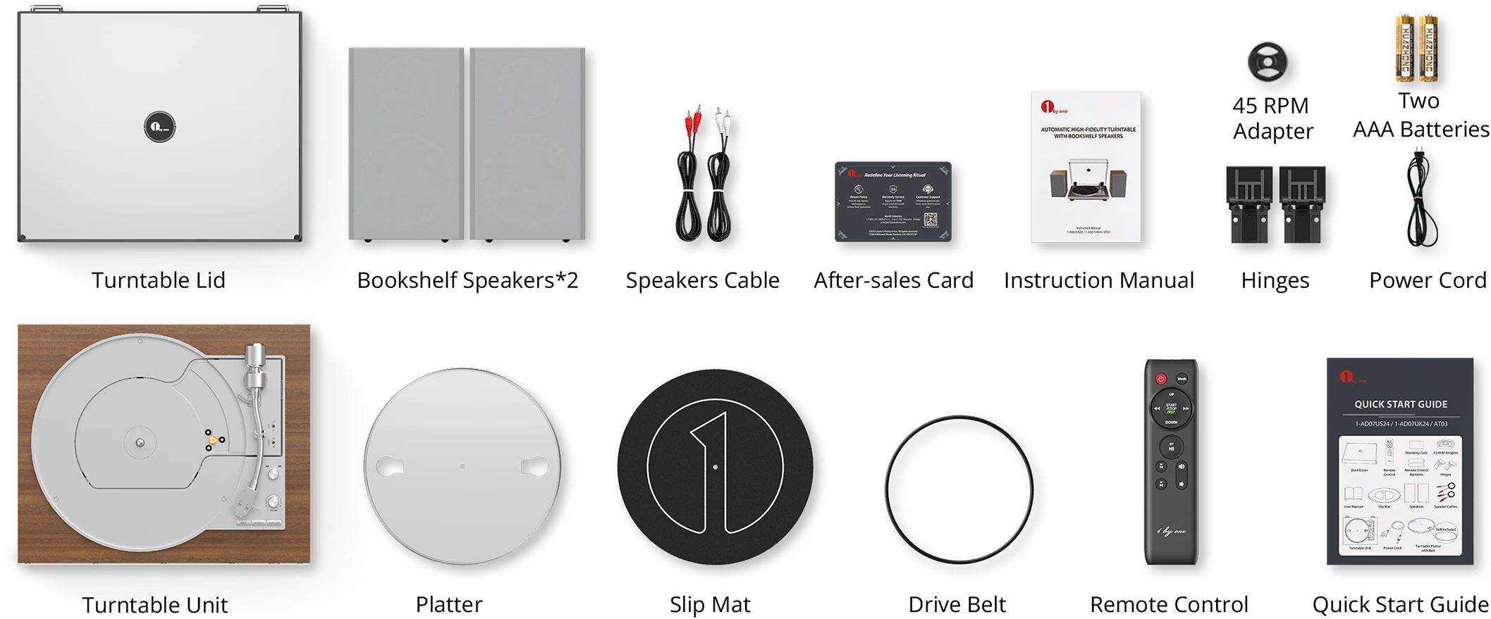 Complete record player with speakers package contents: includes the turntable unit, dust cover lid, slip mat, drive belt, remote control, and two bookshelf speakers for record player.