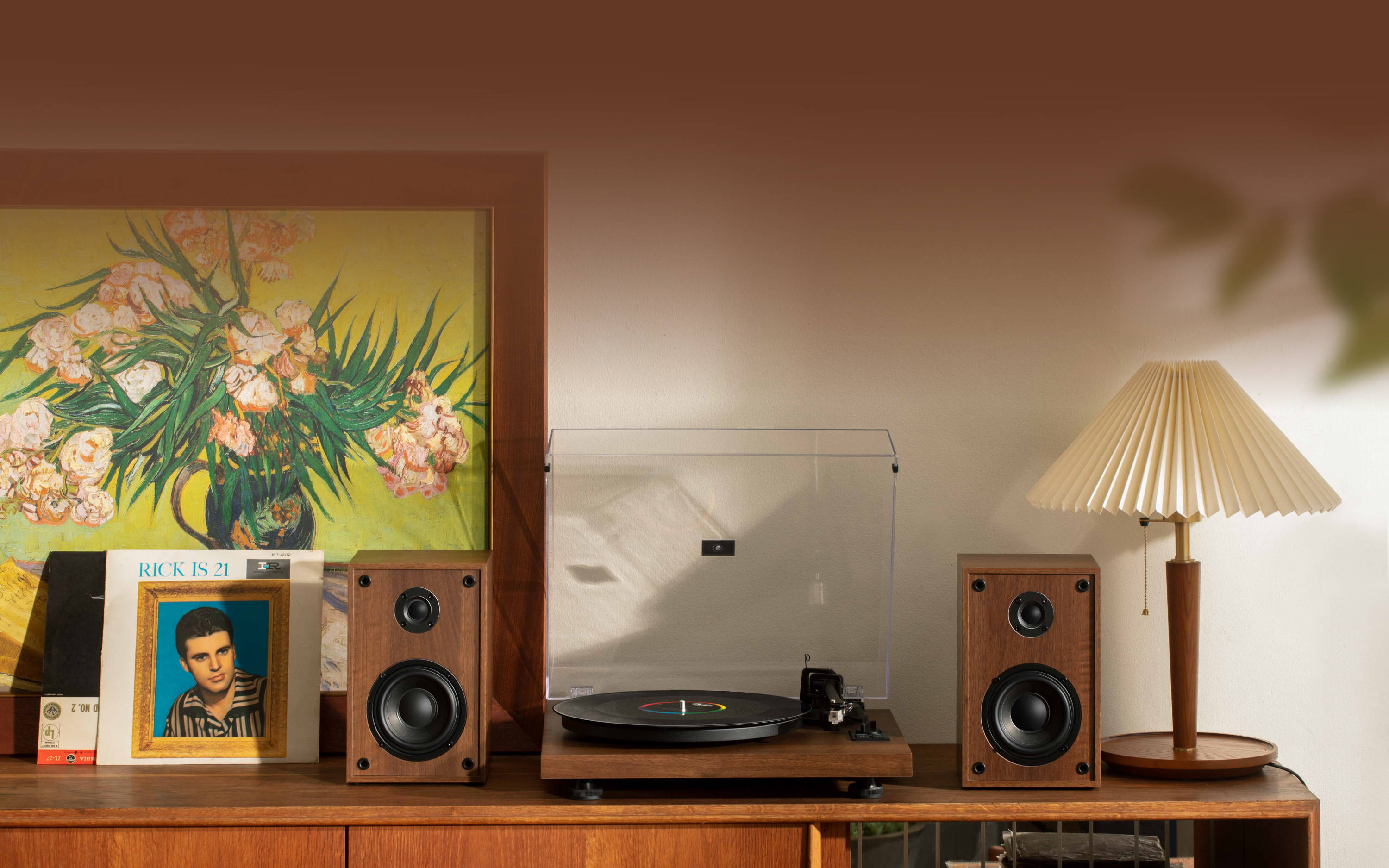 Wooden sideboard showcasing a high fidelity turntable record player, perfectly designed as a vintage style record player with speakers.