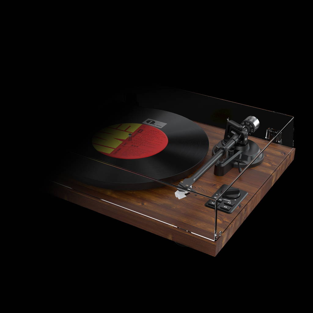 High-angle view of a premium wooden record player, featuring a precision tonearm as the vinyl record player.