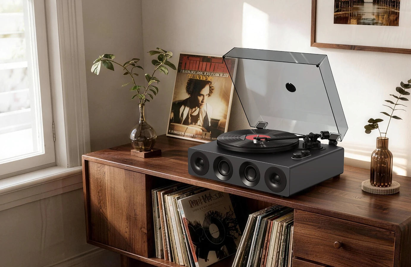 A modern record player with built-in speakers on a vintage wooden cabinet with vinyls in home office. 