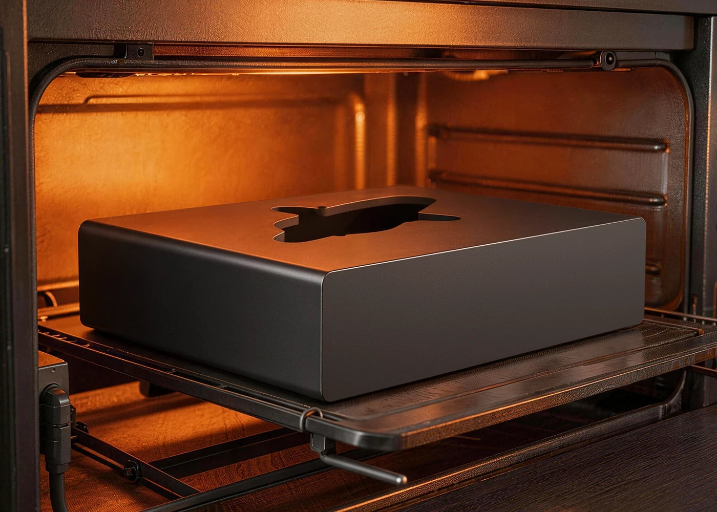 Matte grey record player chassis curing inside a heated oven during the finishing process
