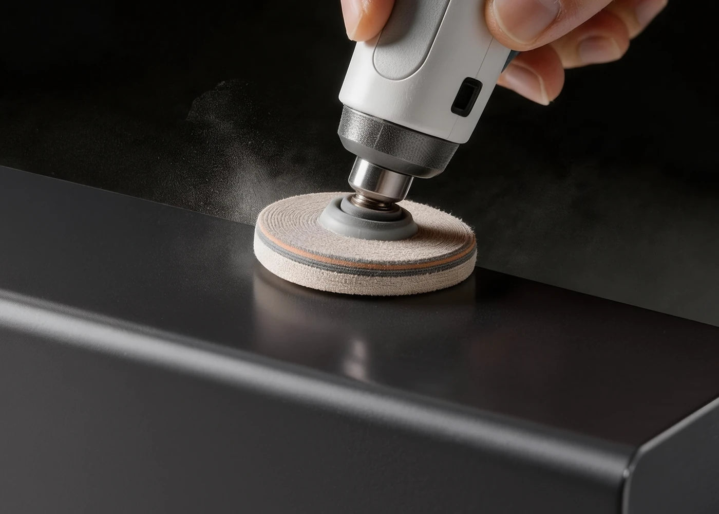 Hand-polishing the matte grey edge of an all-in-one record player.