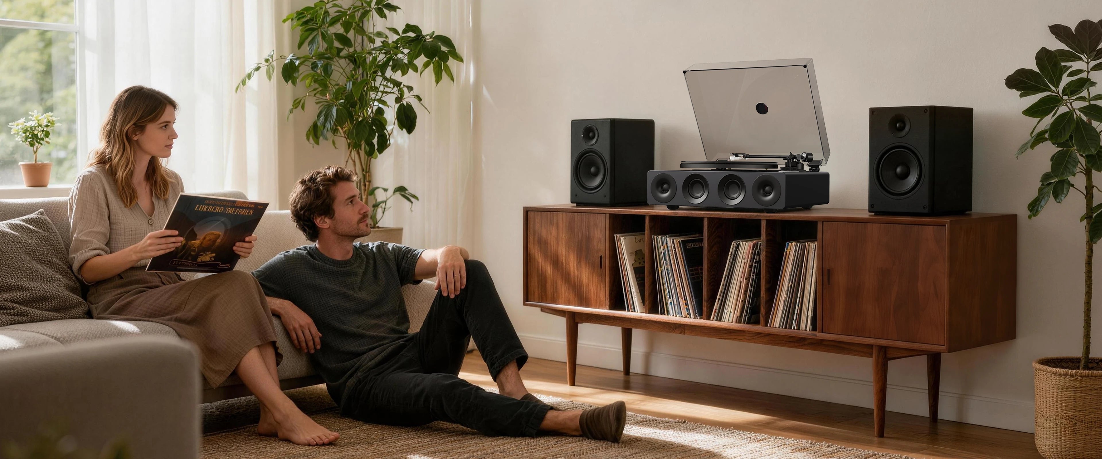  A couple using a modern bluetooth record player on a wooden cabinet in living room.