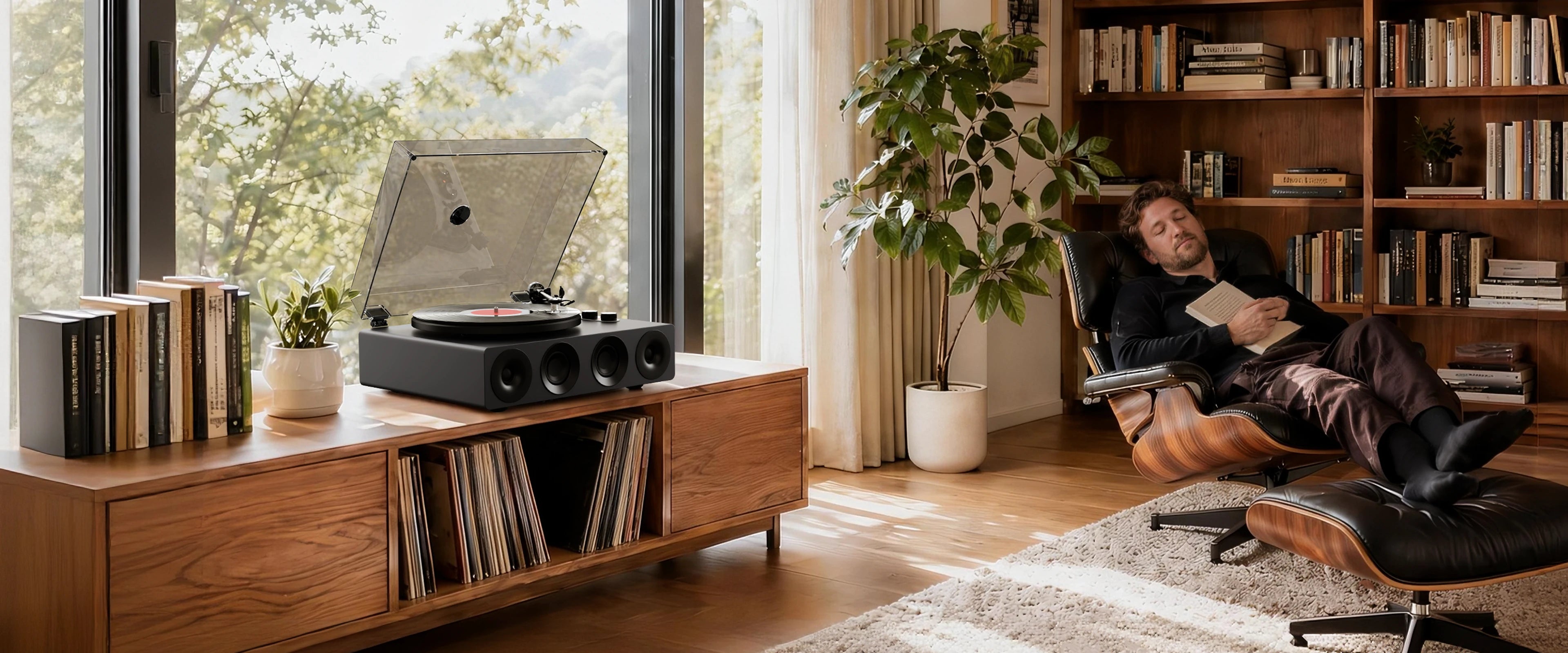 A man relaxing in a chair beside a modern high fidelity turntable and record player playing vinyl on a wooden cabinet in a sunlit living room.