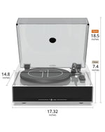 Silver all-in-one turntable playing a vinyl record