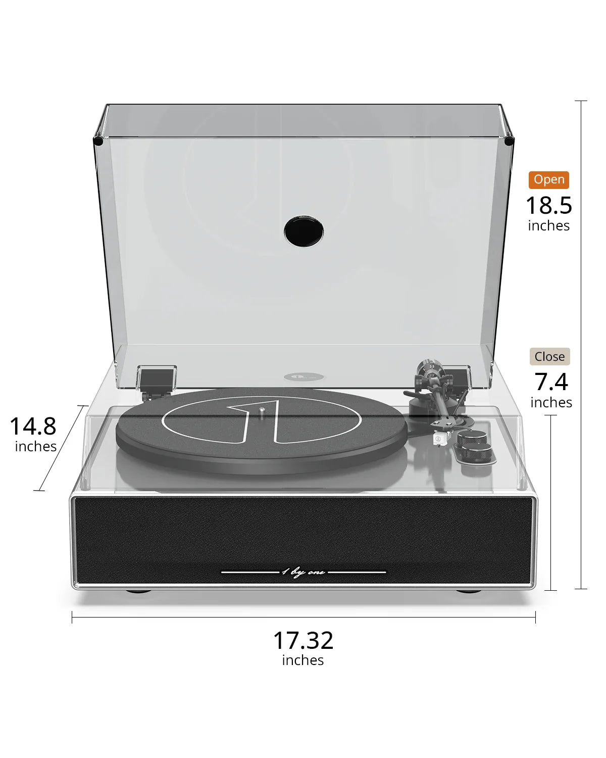 Silver all-in-one turntable playing a vinyl record